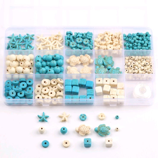 15 Grids Summer Ocean Style Turquoise Bead Series Kit, DIY Bracelet Making Loose Beading Supplies