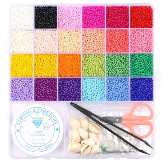26 Grids Mixed Color Glass Seed Beads Kit with Tweezers, Scissors & Crystal String, Assorted Beading Supplies